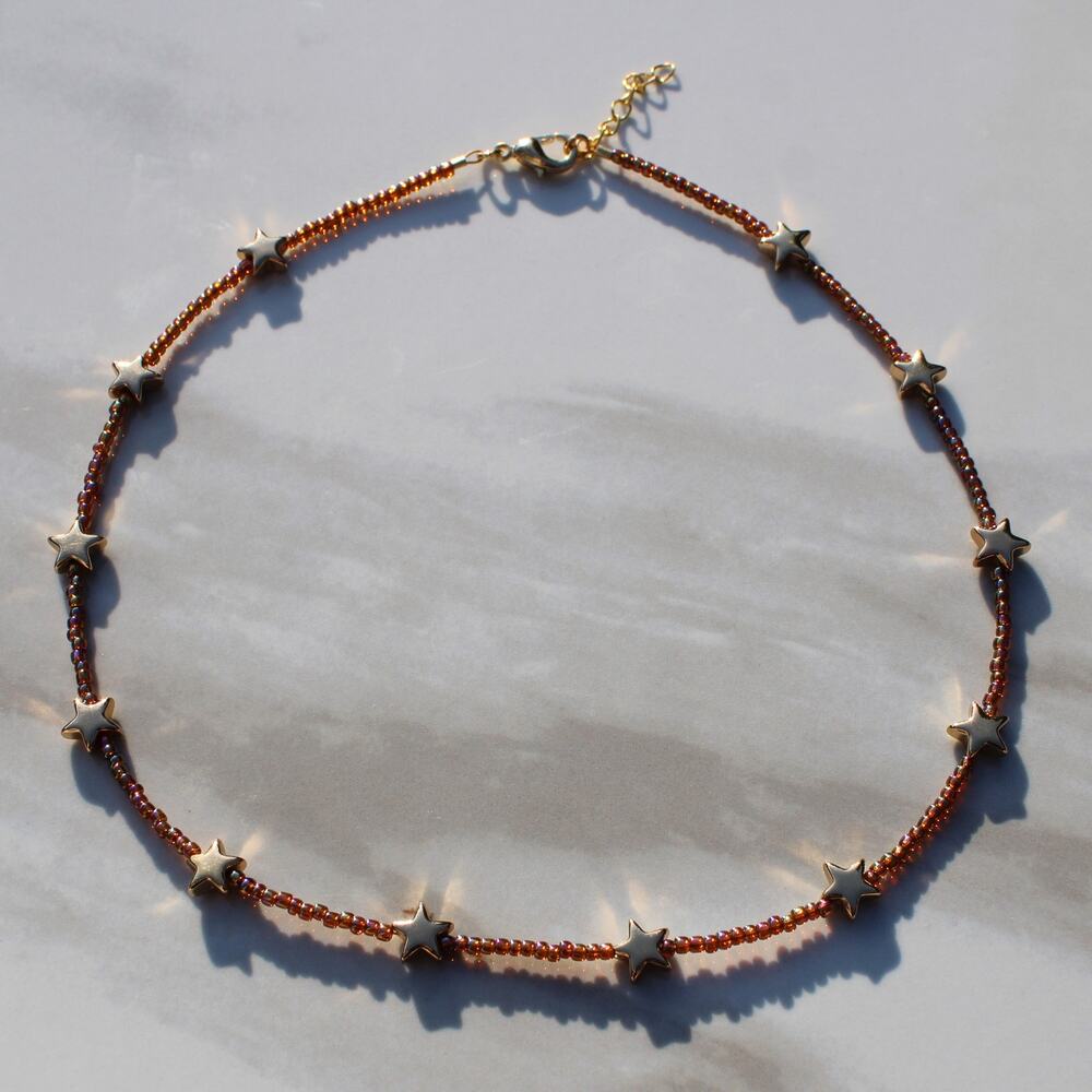 Red Rainbow and Gold Star Charm Beaded Necklace